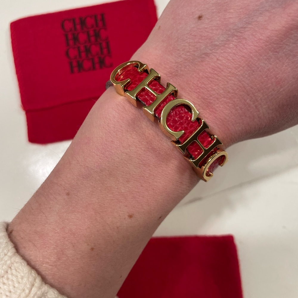 CH Carolina Herrera Carolina Herrera Red Leather Gold Tone Adriana Bracelet